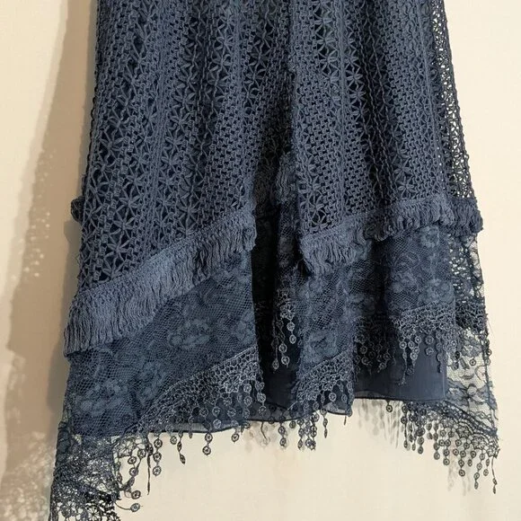 PRETTY ANGEL Blue Crochet, Lace, Tassel - Lined Pull-On Midi Skirt; Size S - Picture 3 of 6